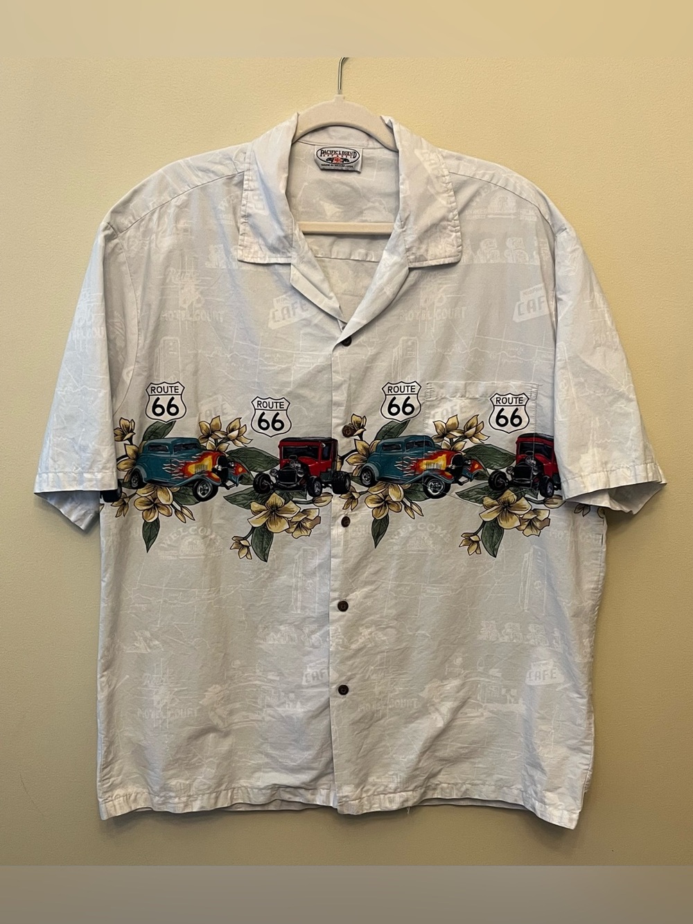 Vintage Pacific Legend Apparel Route 66 Classic Hot Rod Print Hawaiian Shirt 2XL